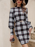 Black lantern sleeve tight dress with printed pattern and leather stitching detail, mid-length design with mid waist