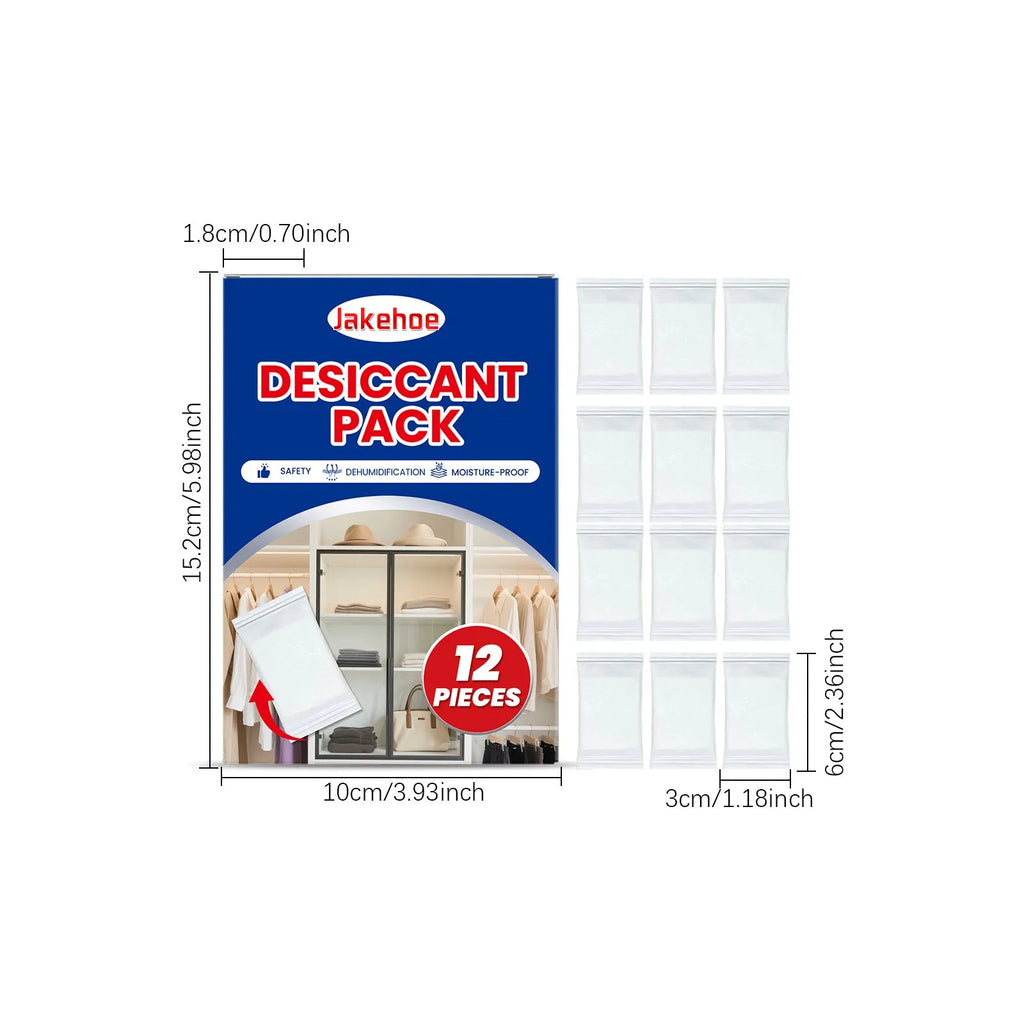 Pack of 12 calcium chloride anti-odor desiccant sachets for household moisture absorption.