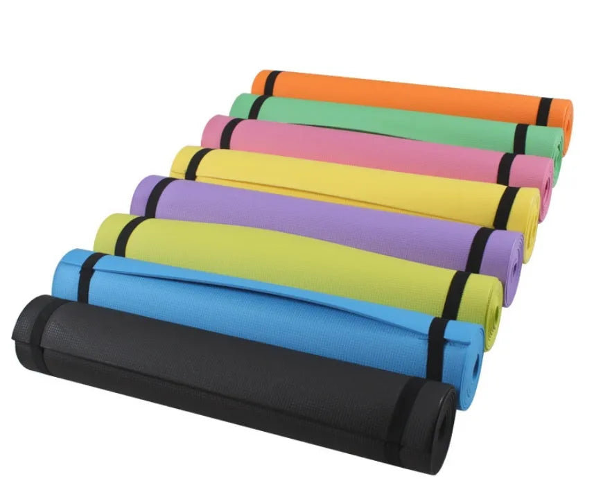 Red and blue EVA fitness yoga mats showing 4mm and 6mm thickness options for anti-slip exercise.