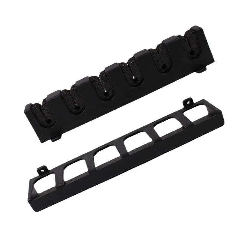 Black ABS plastic wall-mounted fishing rod holder for upright or horizontal storage.