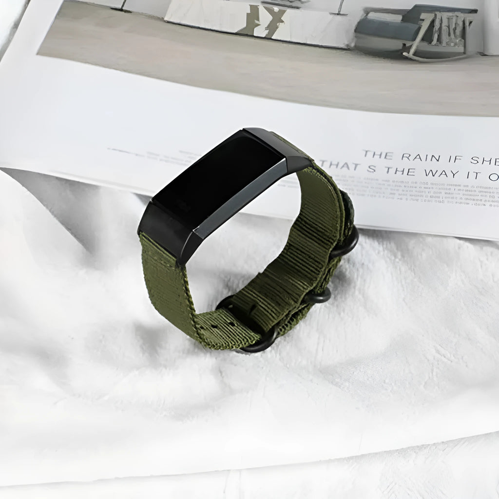 Nylon three-ring buckle replacement watch strap for Fitbit Charge 2, 3, 4, 5 in multiple colours.