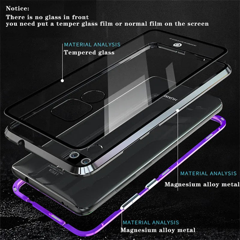 Magnetic phone case with metal frame and tempered glass back in multiple colours