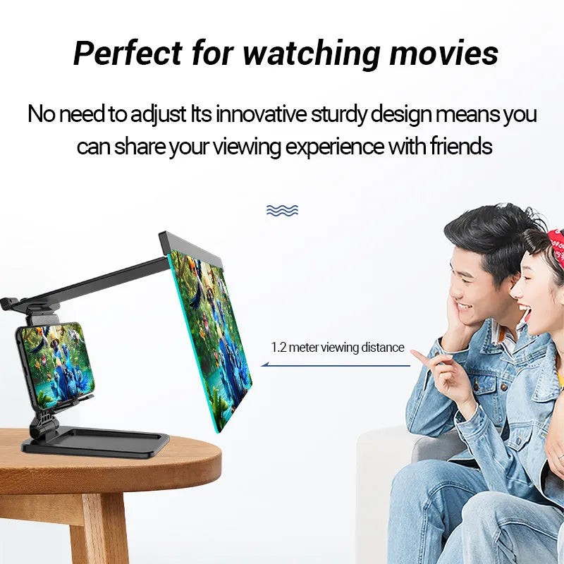 Black 12 inch mobile phone screen amplifier with detachable folding phone holder on desktop