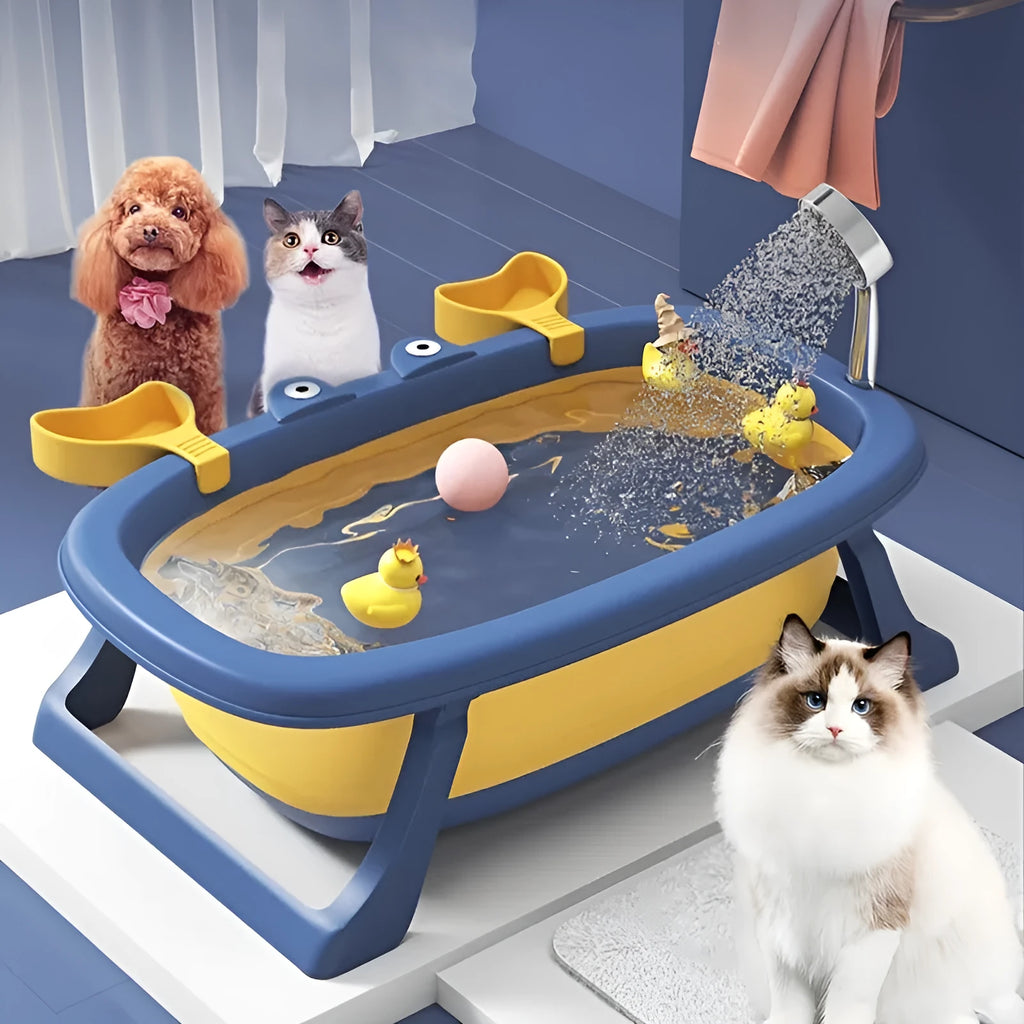 Blue foldable portable pet tub for washing a small dog or cat.