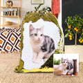 Custom pet photo backpack with sequins in purple, gold, silver, or yellow, drawstring opening, 34x45 cm