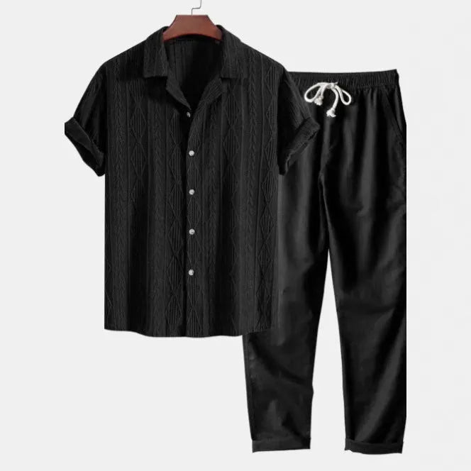 Men's slim fit camouflage print short sleeve shirt and plain trousers casual suit set