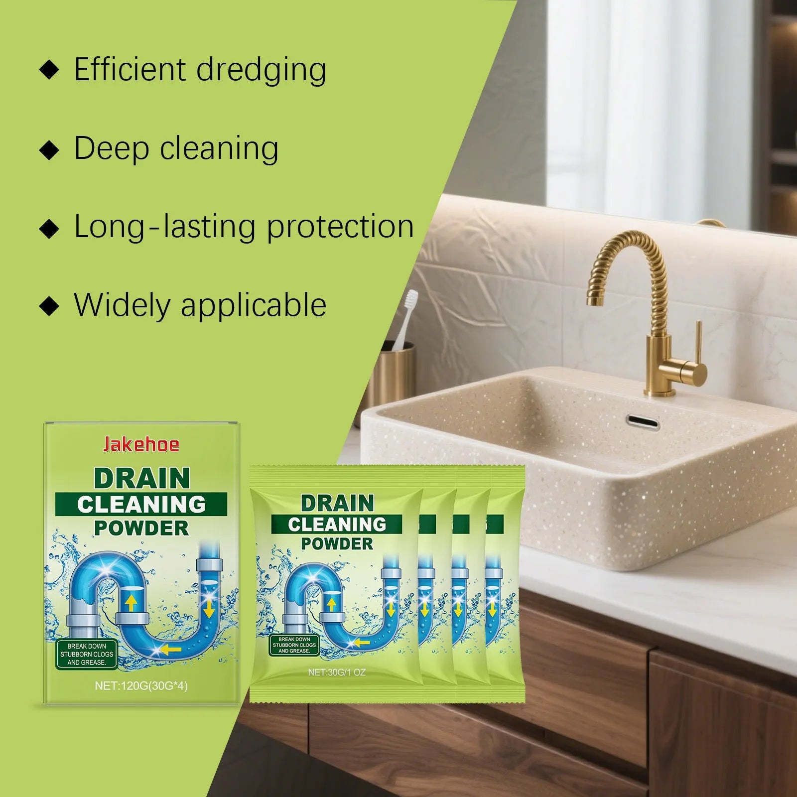 120G pack of drain unblocking powder for sinks and pipes with sodium hydroxide formula.