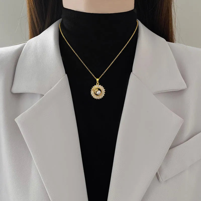 Titanium steel women's jewellery set showing geometric necklace with copper pendant and matching ear studs