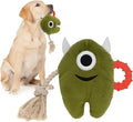Blue and green plush dog toy with integrated cotton rope elements and squeaker