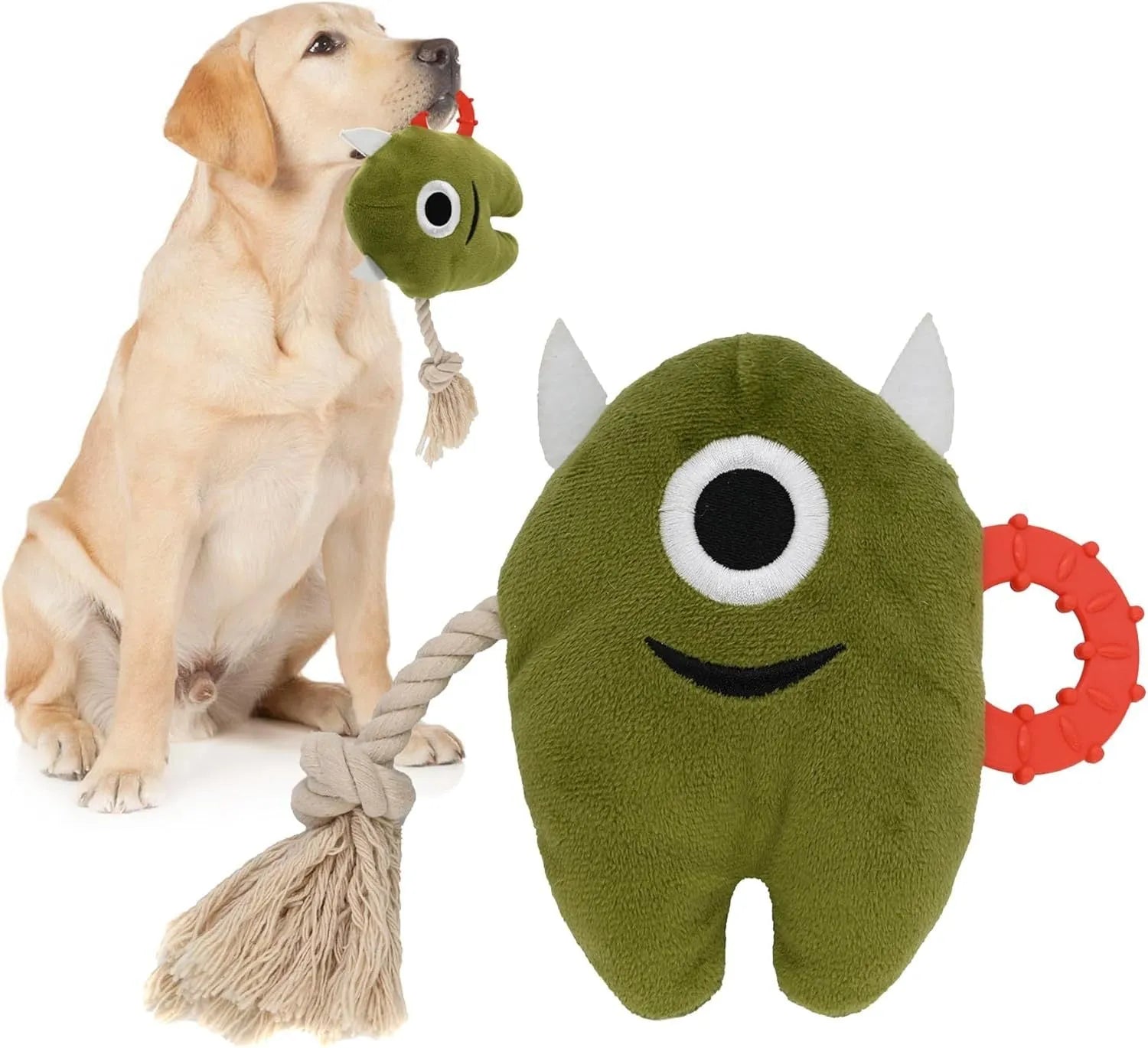 Blue and green plush dog toy with integrated cotton rope elements and squeaker