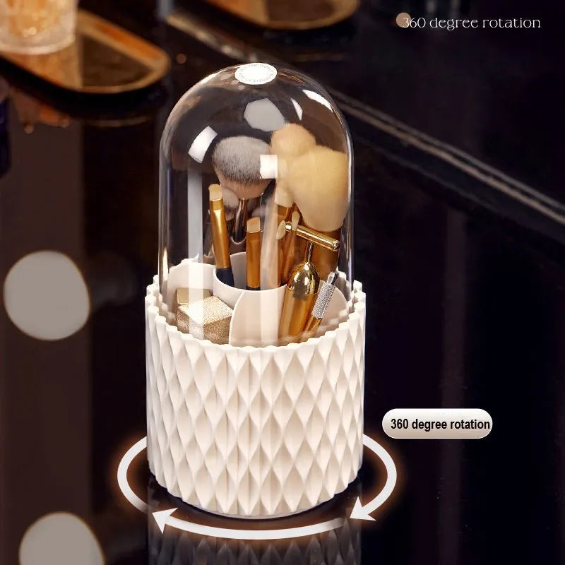 Transparent rotating makeup brush storage box with white accents and removable dust-protecting lid