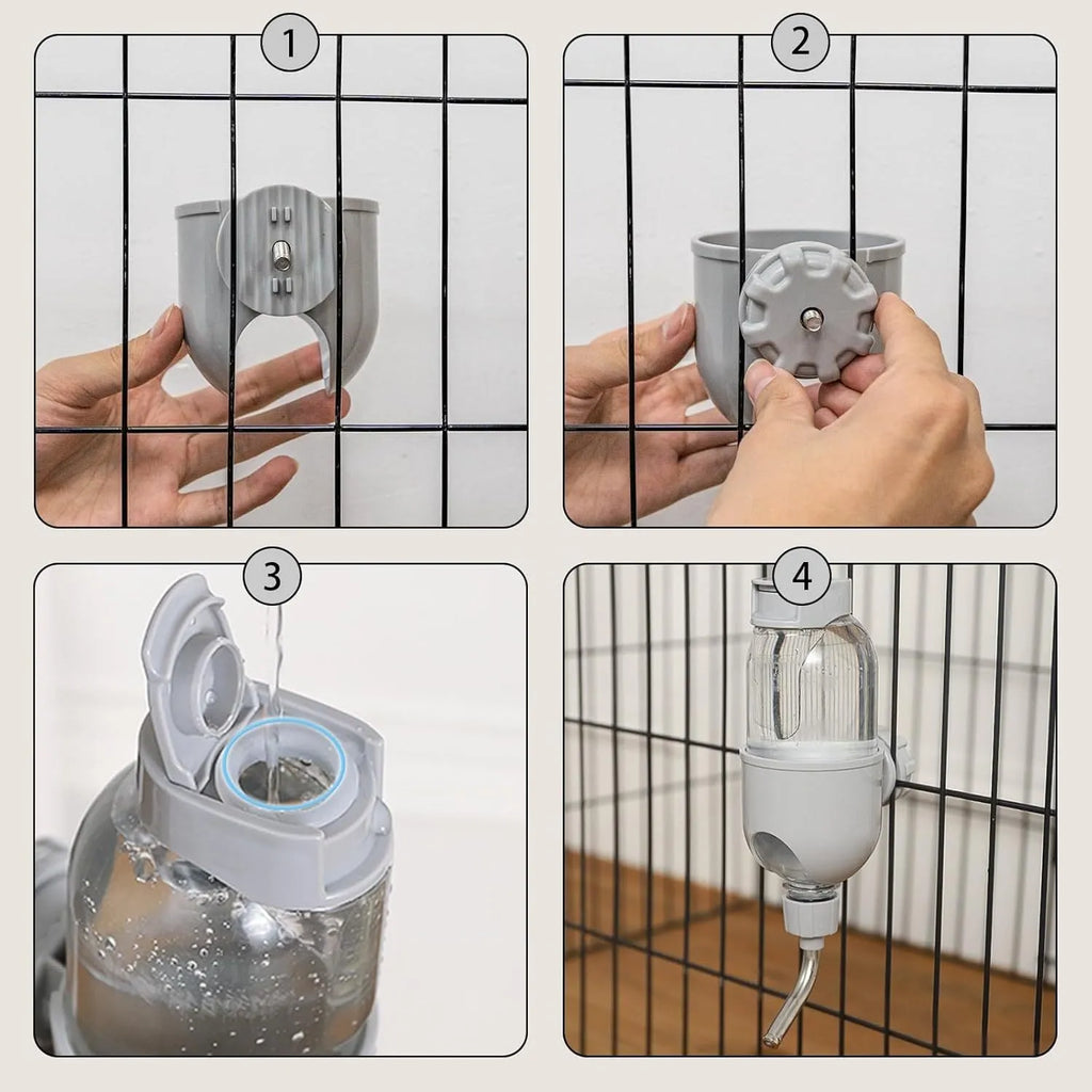 Blue small animal water bottle with 360° rotatable nozzle mounted on cage