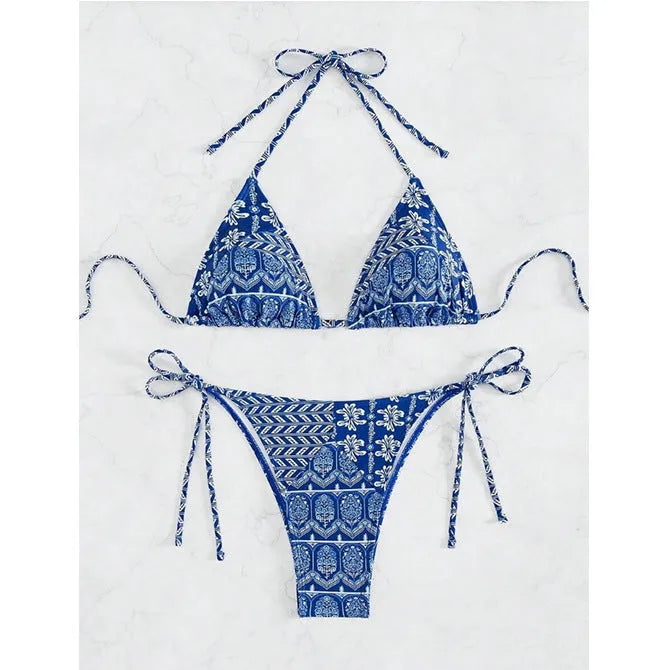 Women's bandage design bikini swimsuit with printing stitching detail in polyester material