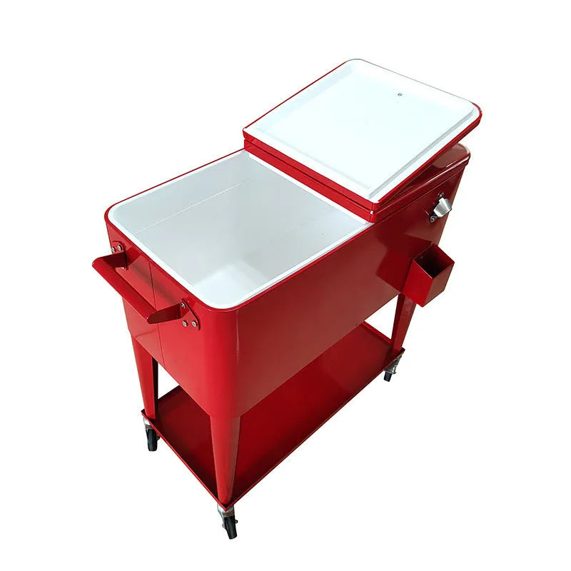 Red metal outdoor insulated trolley cooler box with a 750 capacity.