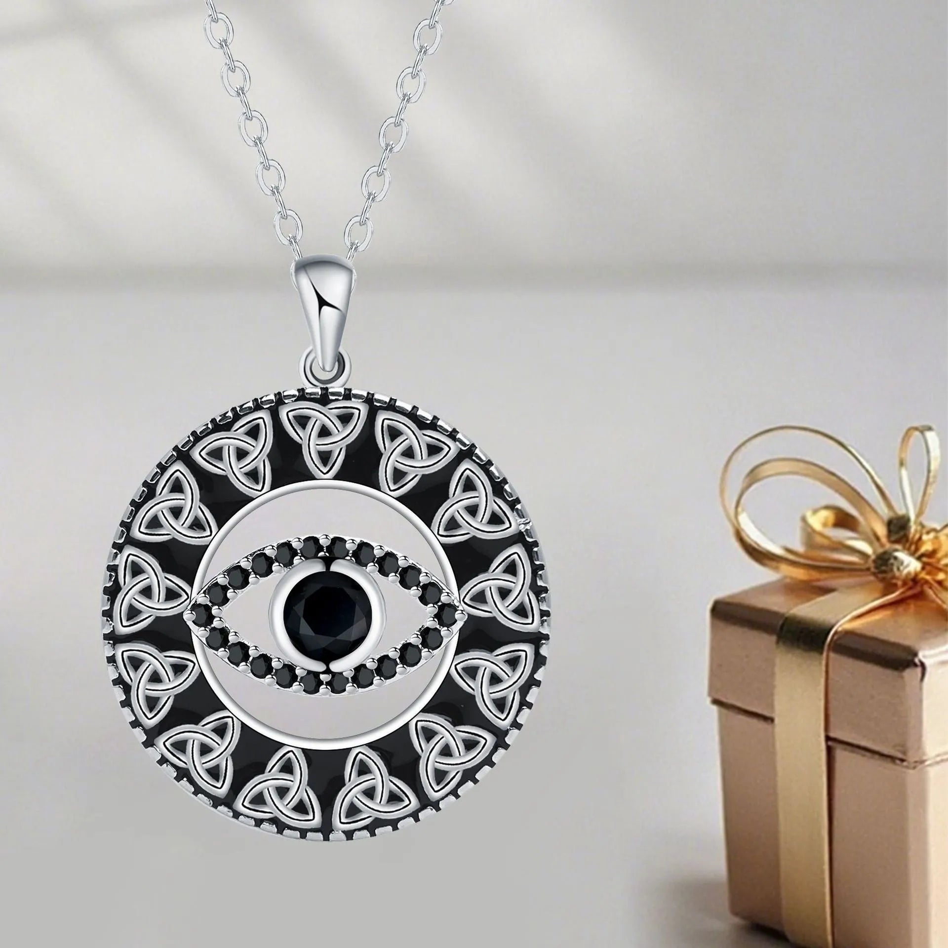 Devil's eye copper pendant necklace with electroplated finish and cross chain for women