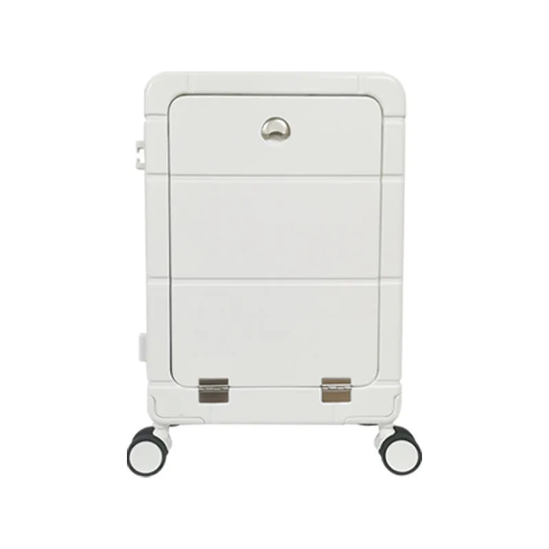 20-inch front opening suitcase in black showing separate dry and wet compartments with universal wheels