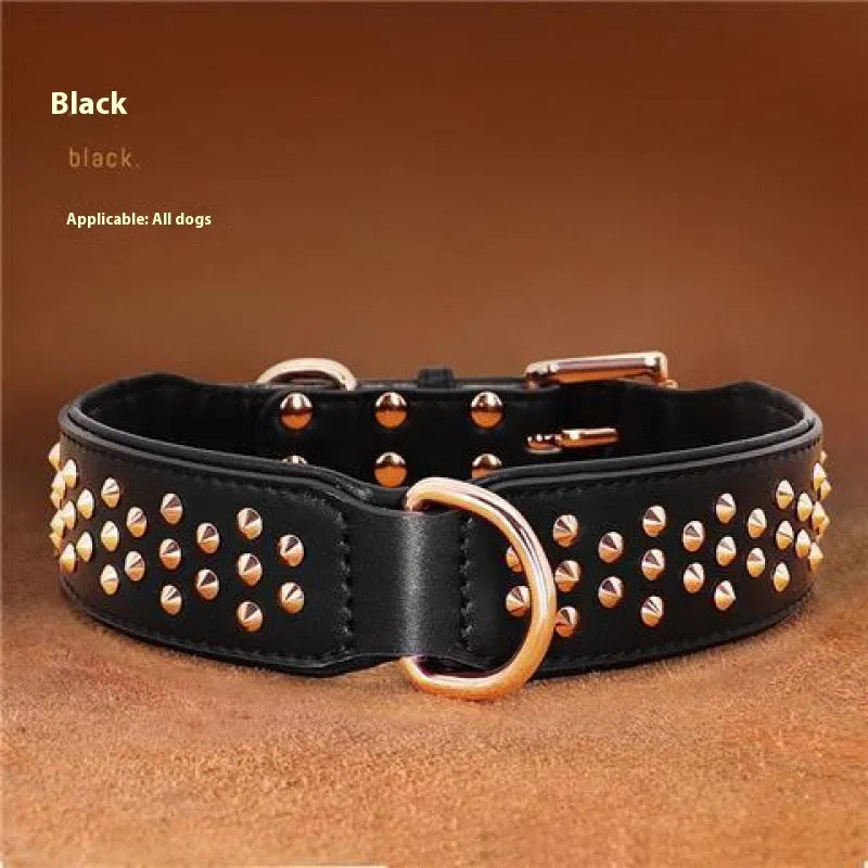 Leather dog collar with metal rivets in black, chocolate, or pink colour options