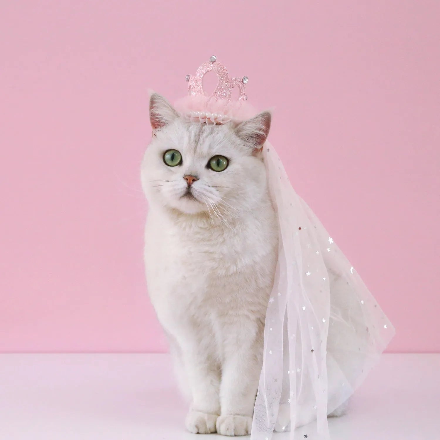 A beige and a pink princess crown headdress for cats on a white background.