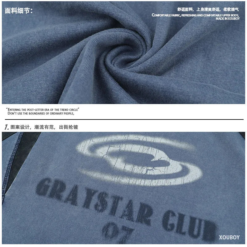 Blue men's hip hop letter print cotton t-shirt with raglan sleeves in loose fit style