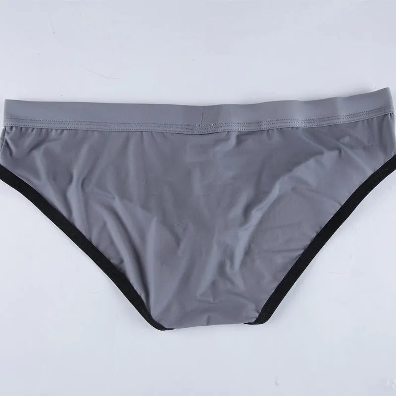 Men's thin ice silk briefs in Army Green colour with a mid-waist and bullet separation design.