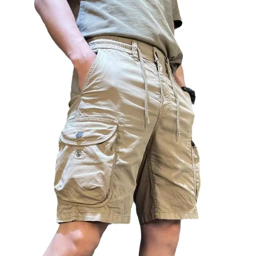 Korean-style loose straight overalls trousers with multiple pockets in micro-elastic polyester fabric