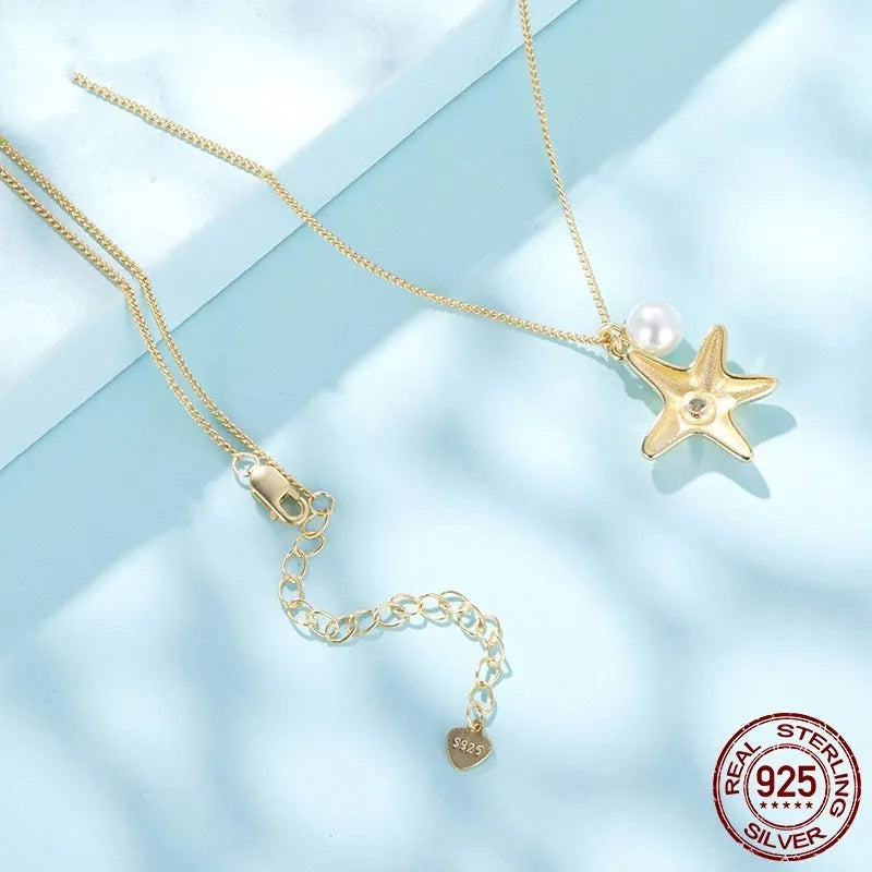 S925 sterling silver gold plated starfish and pearl pendant necklace with adjustable chain 41-50cm