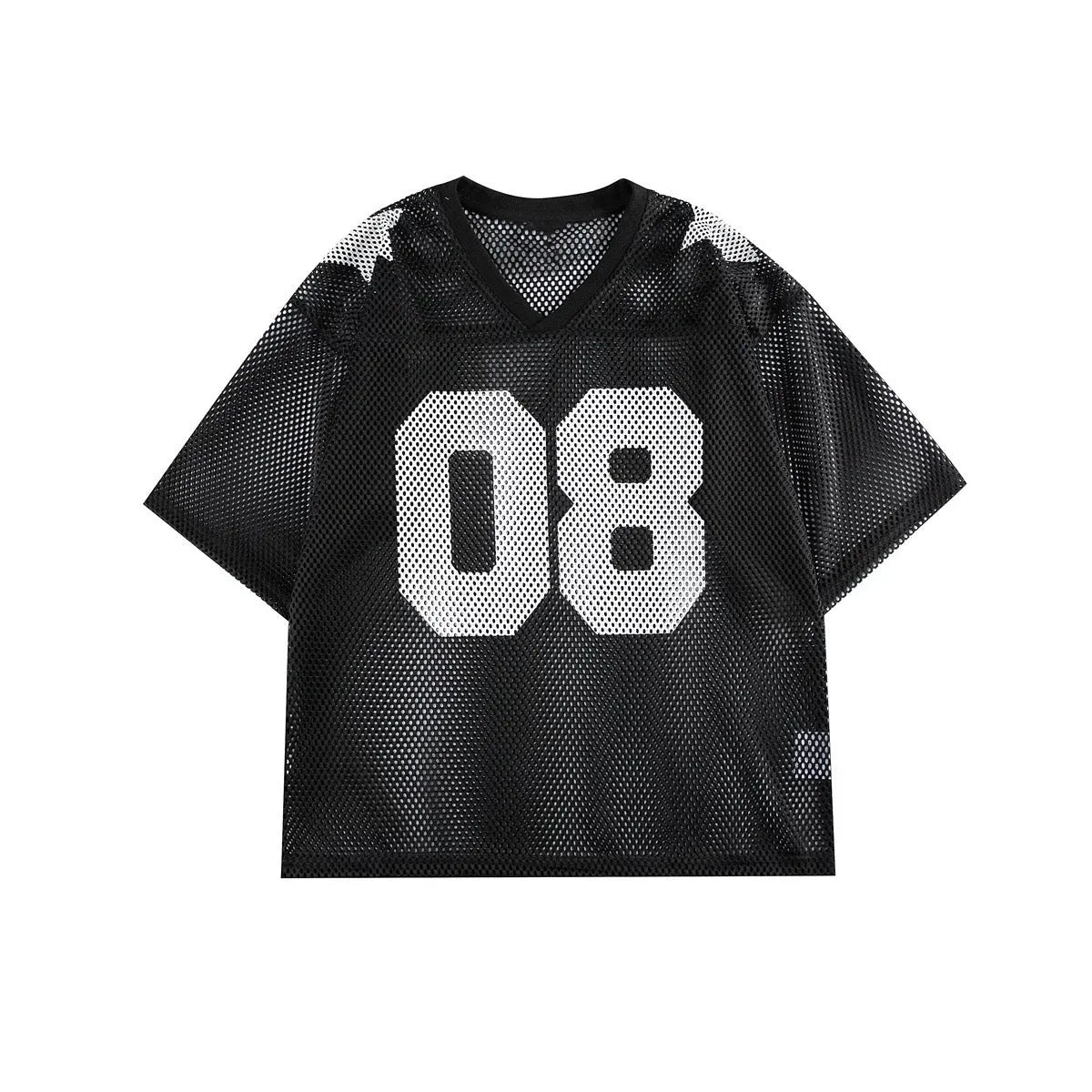 Loose fit black half sleeve pullover shirt with white letter pattern design on the front.
