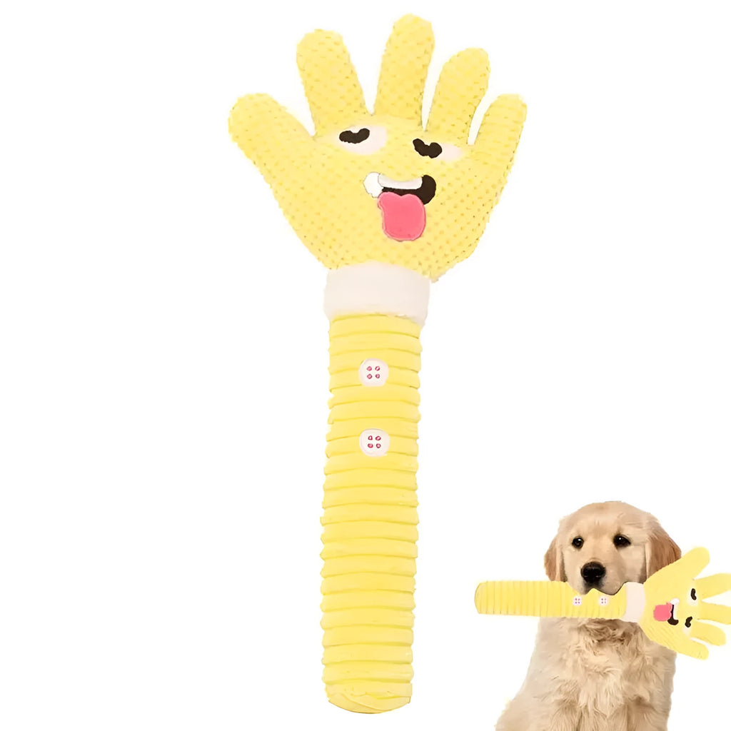 Yellow palm-shaped plush dog teething toy with squeaker for puppies