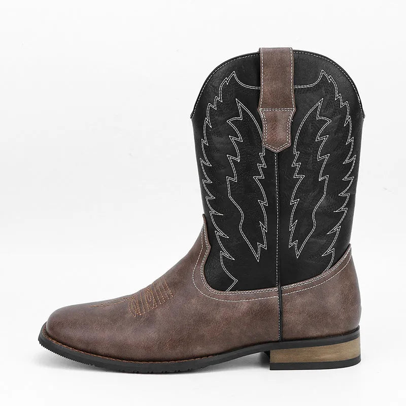 Men's Western denim square toe motorcycle boots with low wedge heel, artificial leather upper, and embroidery detail