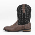 Men's Western denim square toe motorcycle boots with low wedge heel, artificial leather upper, and embroidery detail