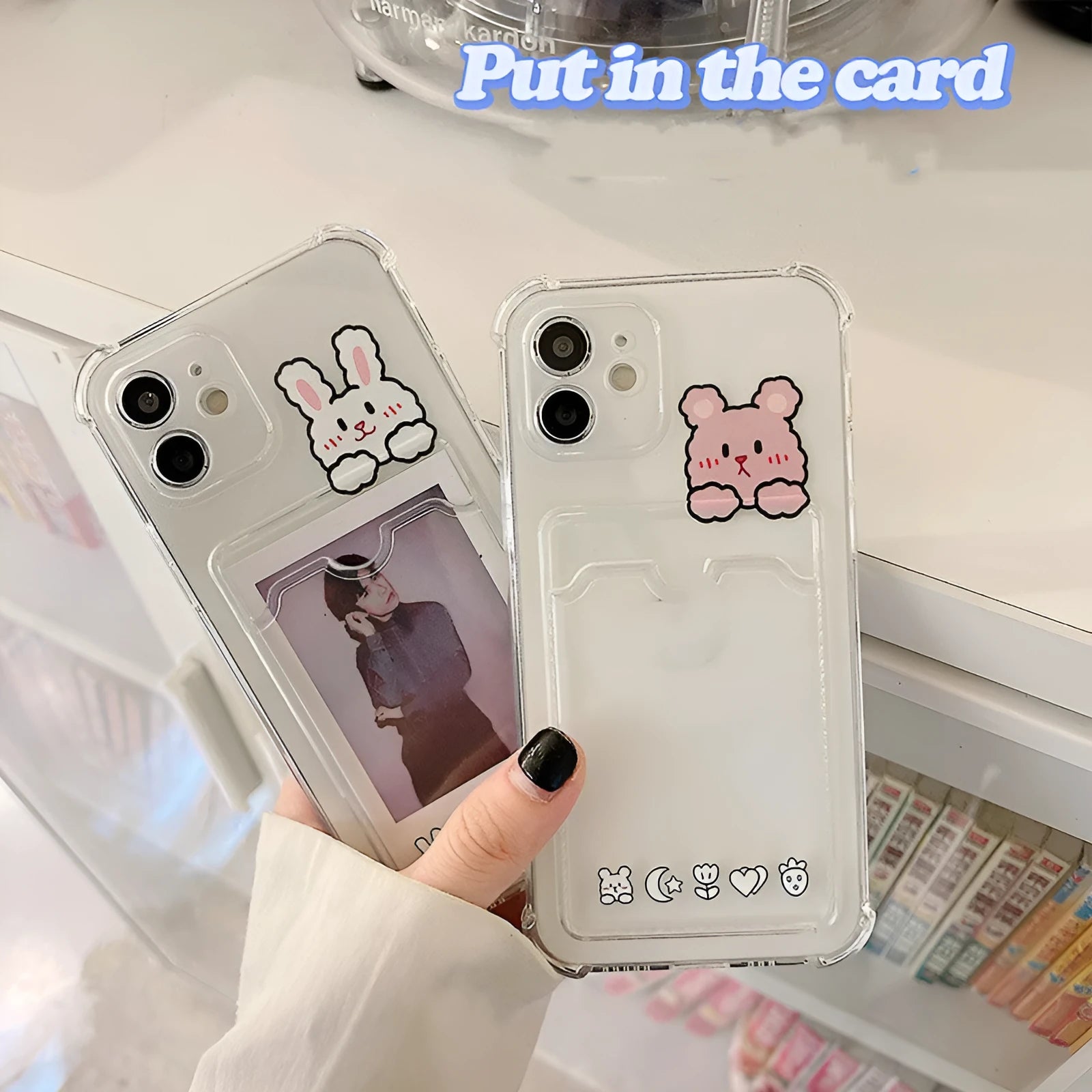 Transparent cartoon design phone case with card holder slot for Apple iPhone