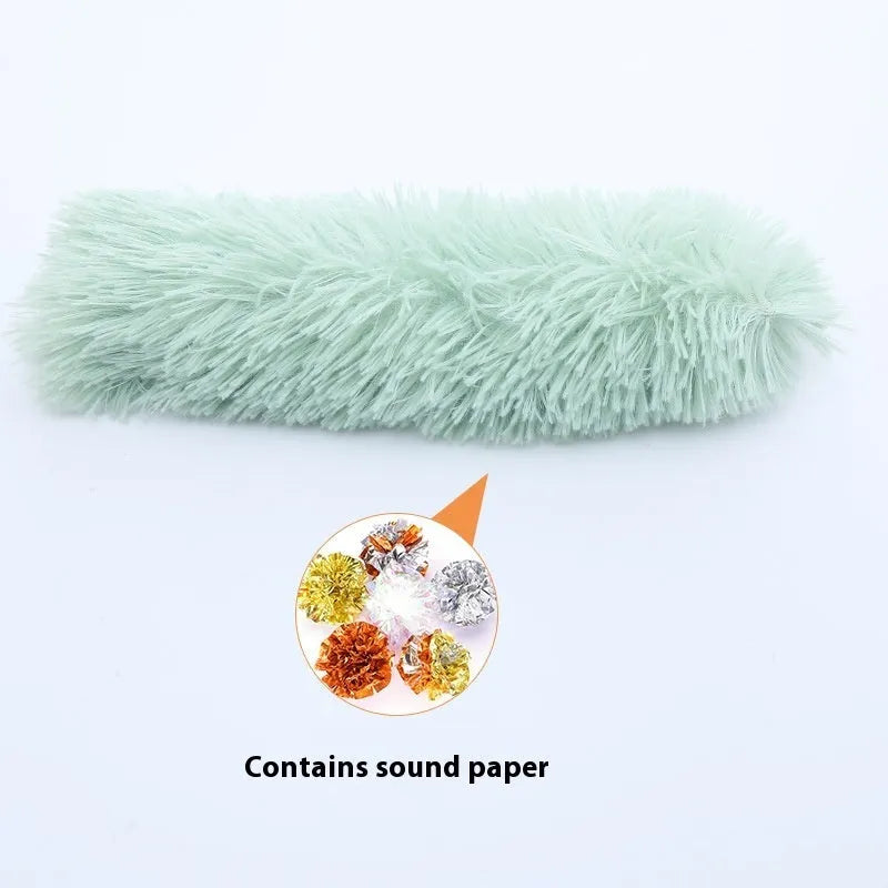 Plush cat toy containing catnip and ringing paper, about 30cm long, available in multiple colours