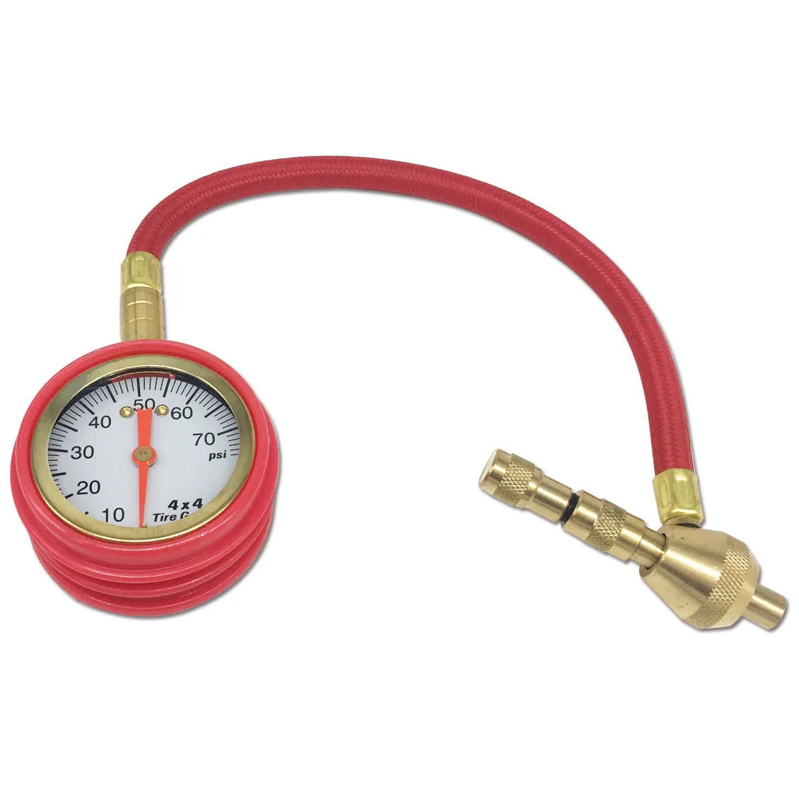 Mechanical automobile tire pressure gauge with copper interior and rubber shell in red and black colour options