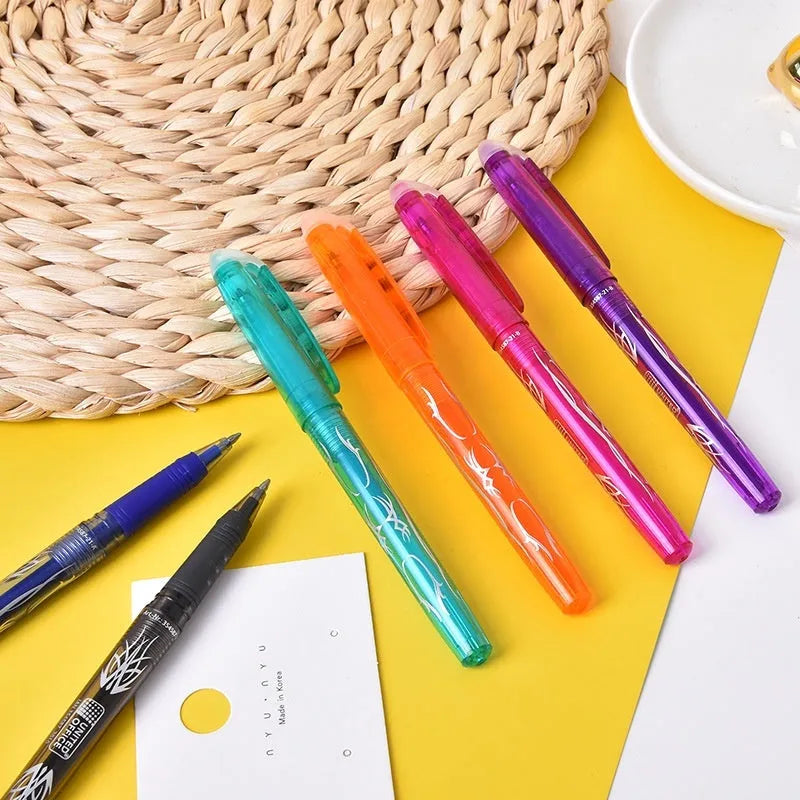 Set of hot erasable gel pens in multiple colours with plastic shells and choice of 0.5mm or 0.7mm stainless steel nibs.
