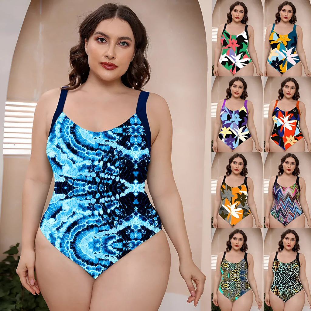 Floral print one-piece swimsuit with spaghetti straps on a mannequin.