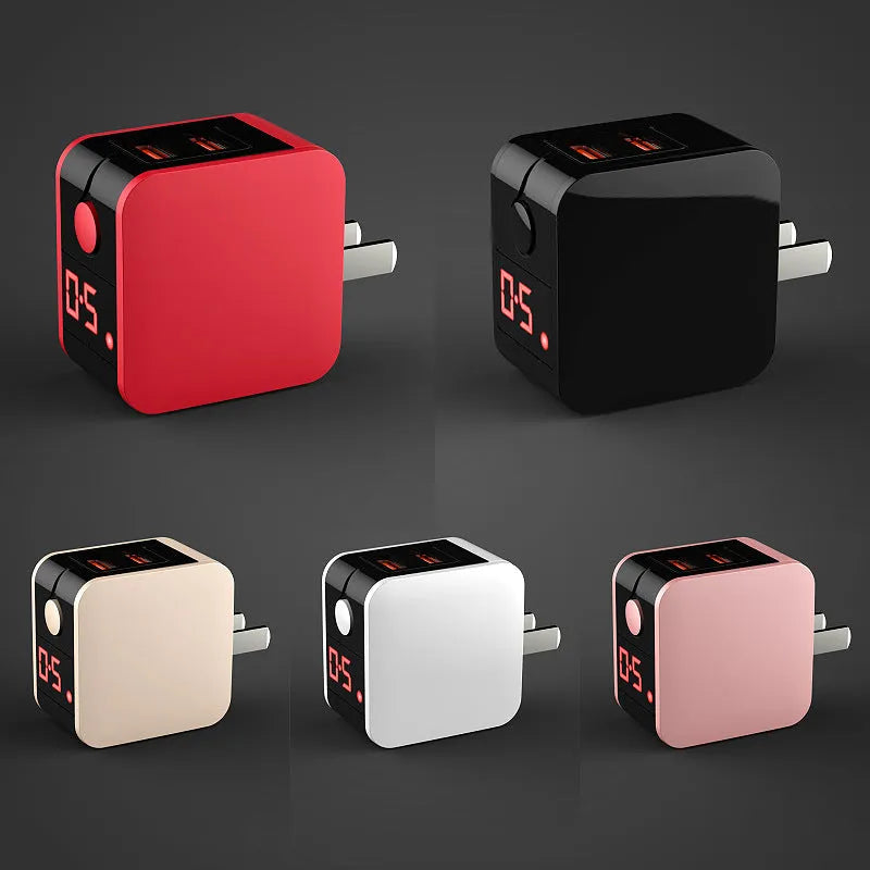 5V2.4A dual USB travel charger with digital display in black, white, and red colour options