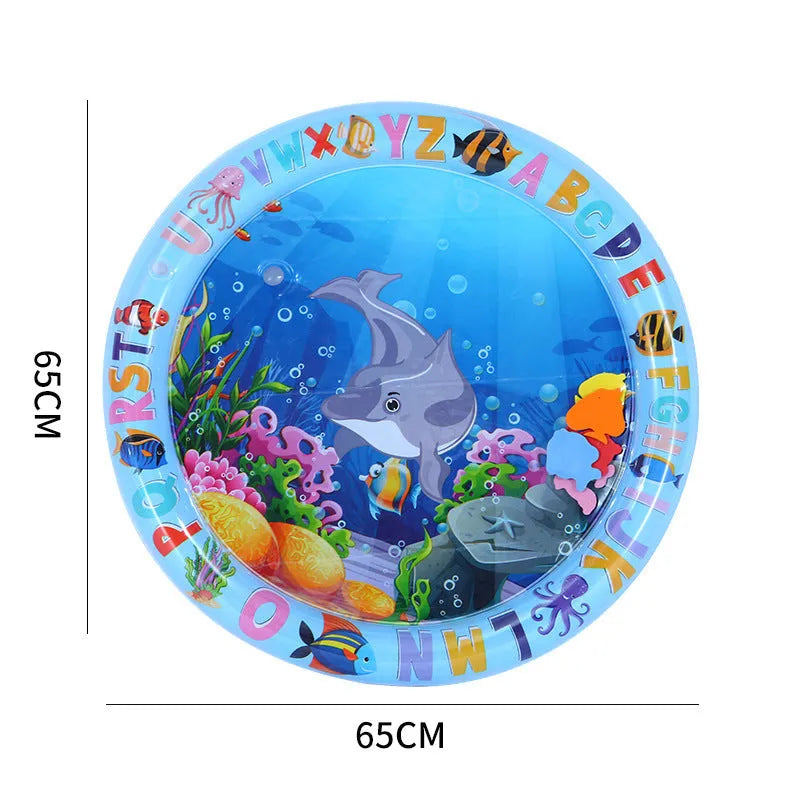 A square, blue water sensory playmat for cats on a floor, showing floating fish toys inside the clear water-filled centre.