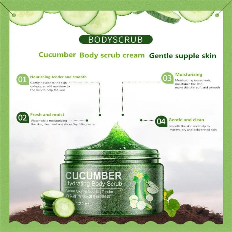 Green cucumber facial scrub jar for skin brightening and gentle exfoliation