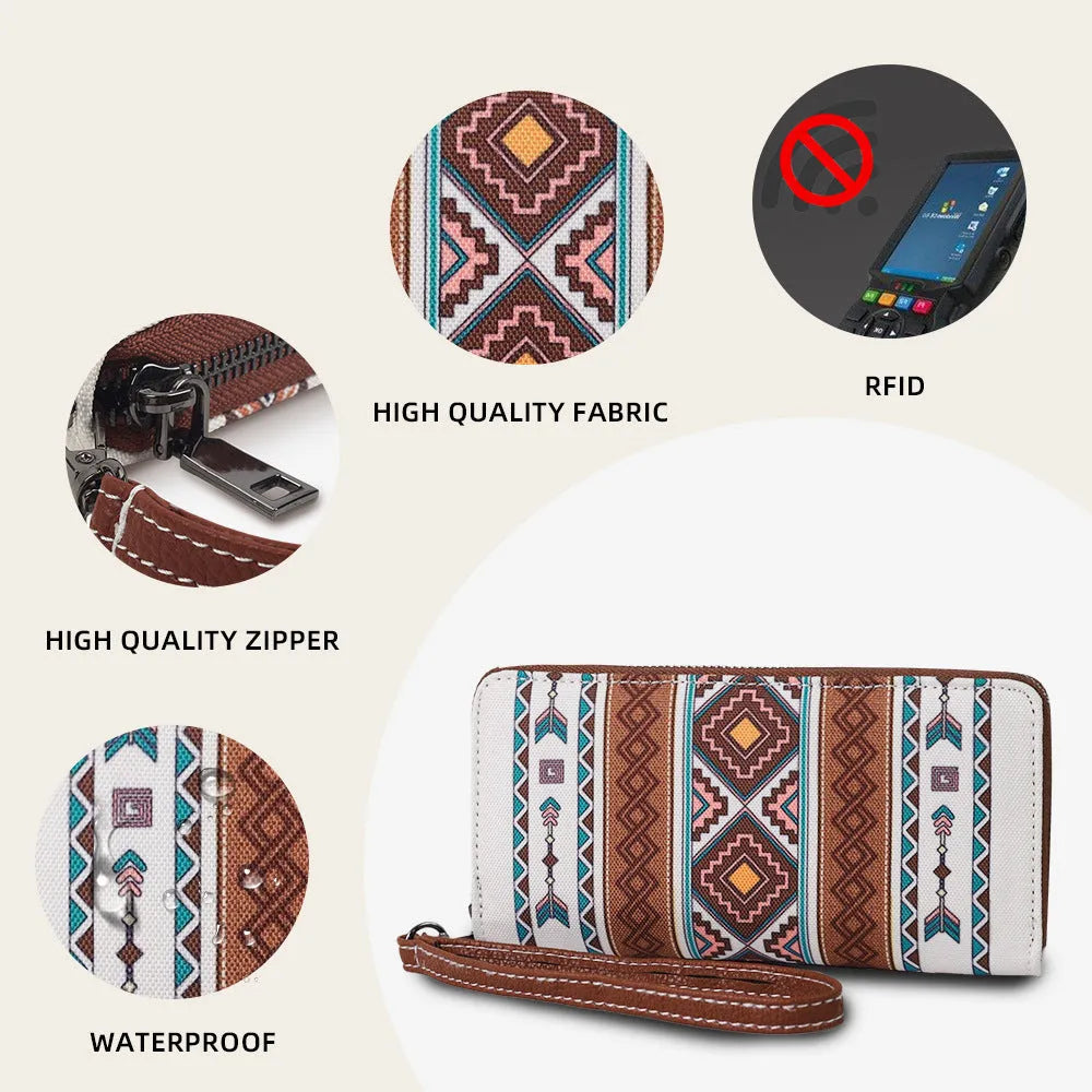 Bohemian striped canvas RFID wallet with wind belt closure showing beige colour option