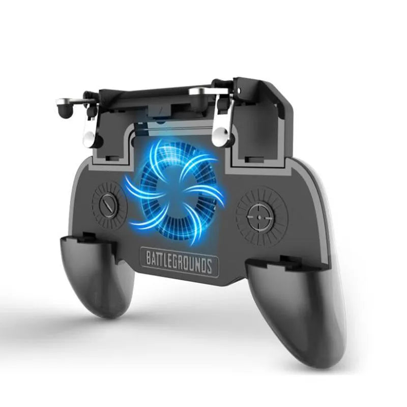 Black mobile phone game controller with USB cable, showing grip and action buttons.