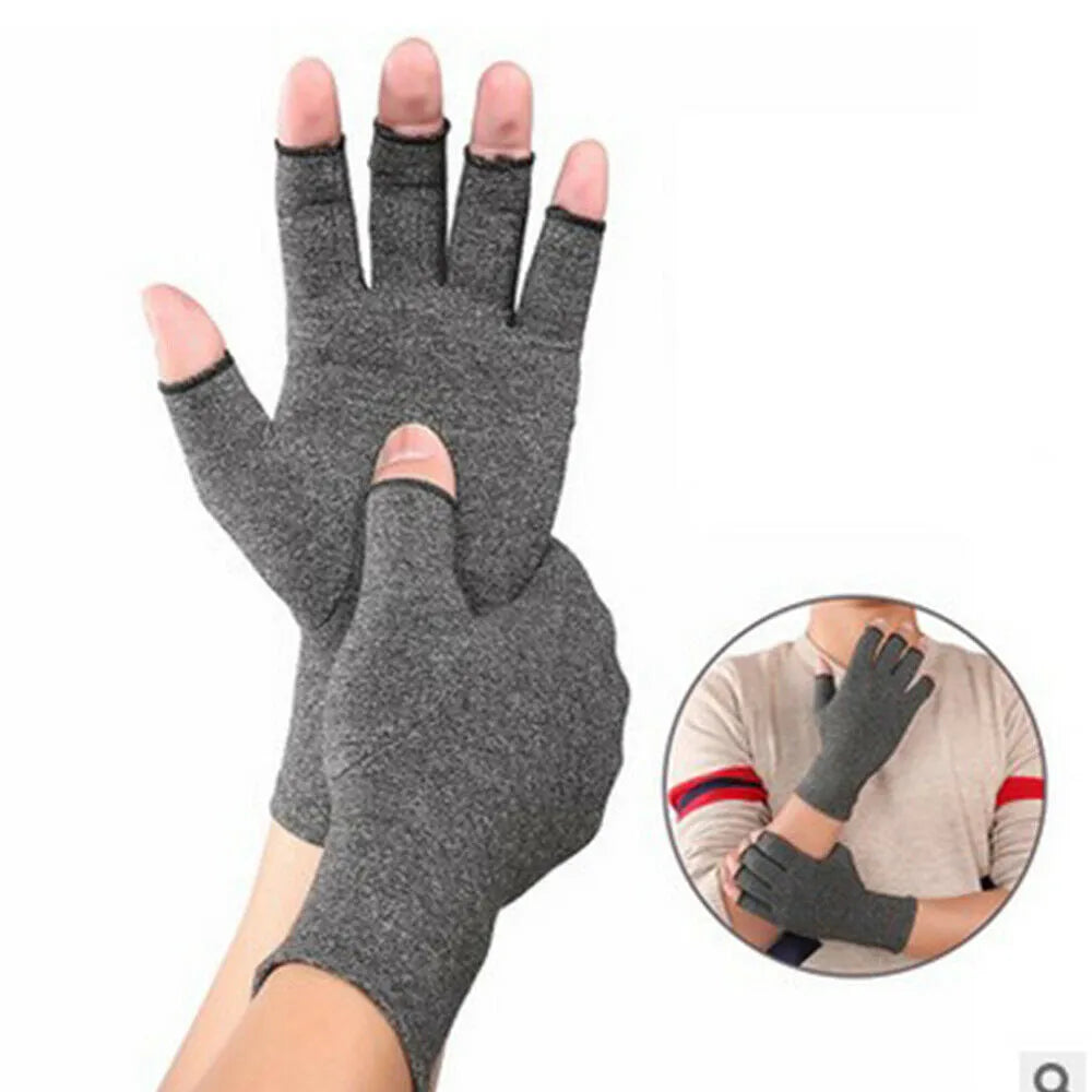 Gray half finger compression gloves with anti-slip surface for joint support