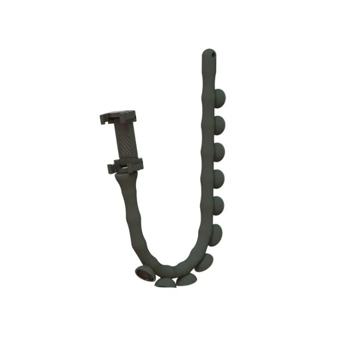 Black flexible rubber phone holder with suction cup extended on a 62cm arm