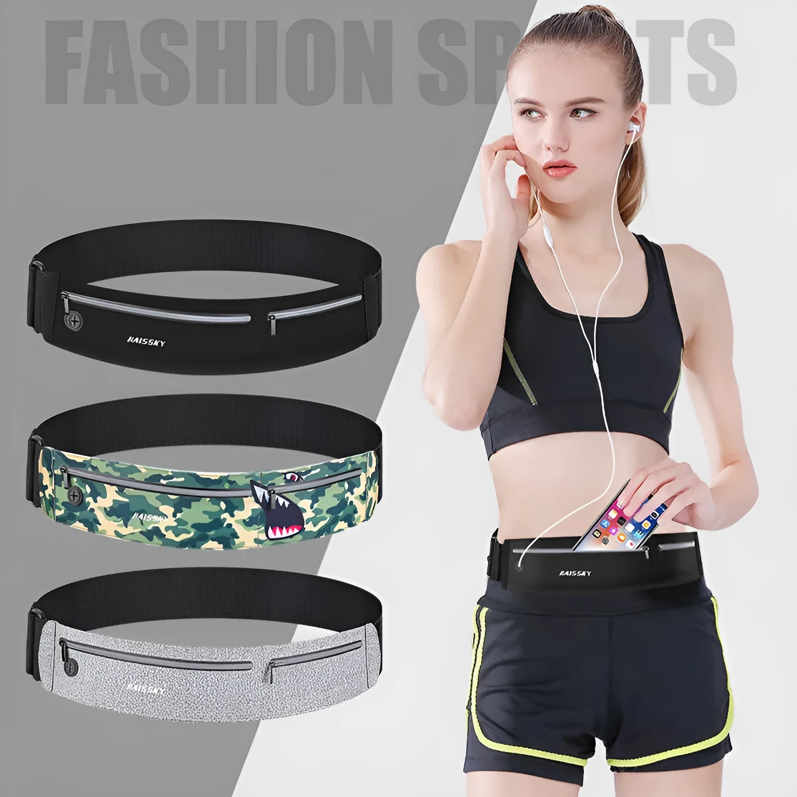 Black 8-inch waterproof waist bag made from chinlon Lycra for outdoor sports and fitness.