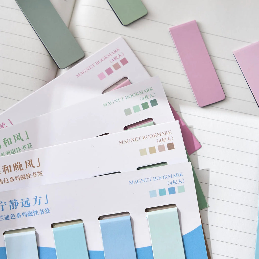 Set of four Morandi colour block magnetic bookmarks showing miniature designs with magnet closure