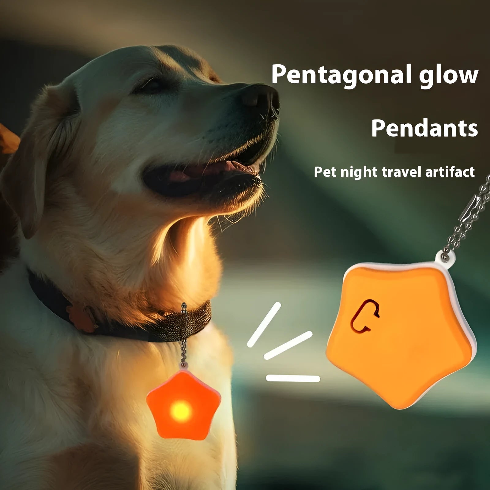 Blue rechargeable pendant light attached to dog collar with three light modes for night safety