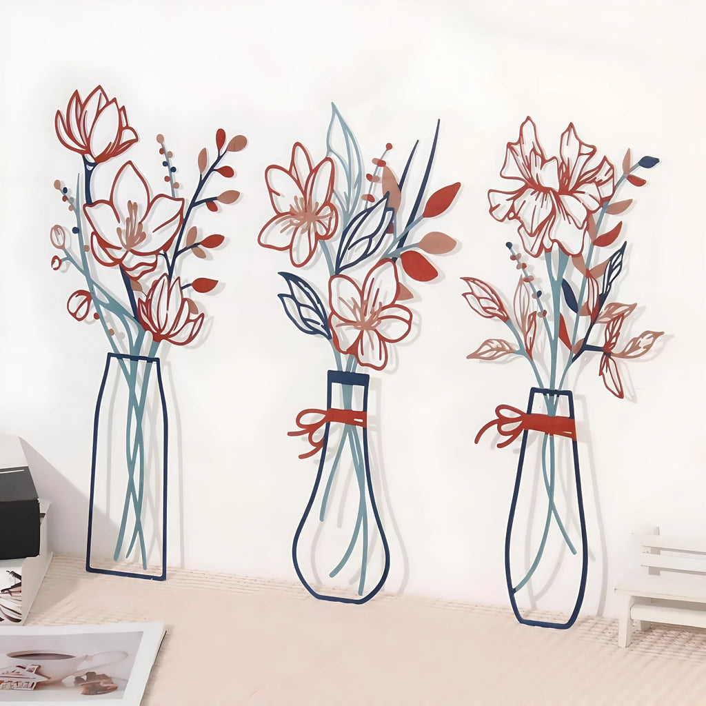 3-piece metal flowers wall art set in alloy with modern simplicity style for bathroom or living room decoration