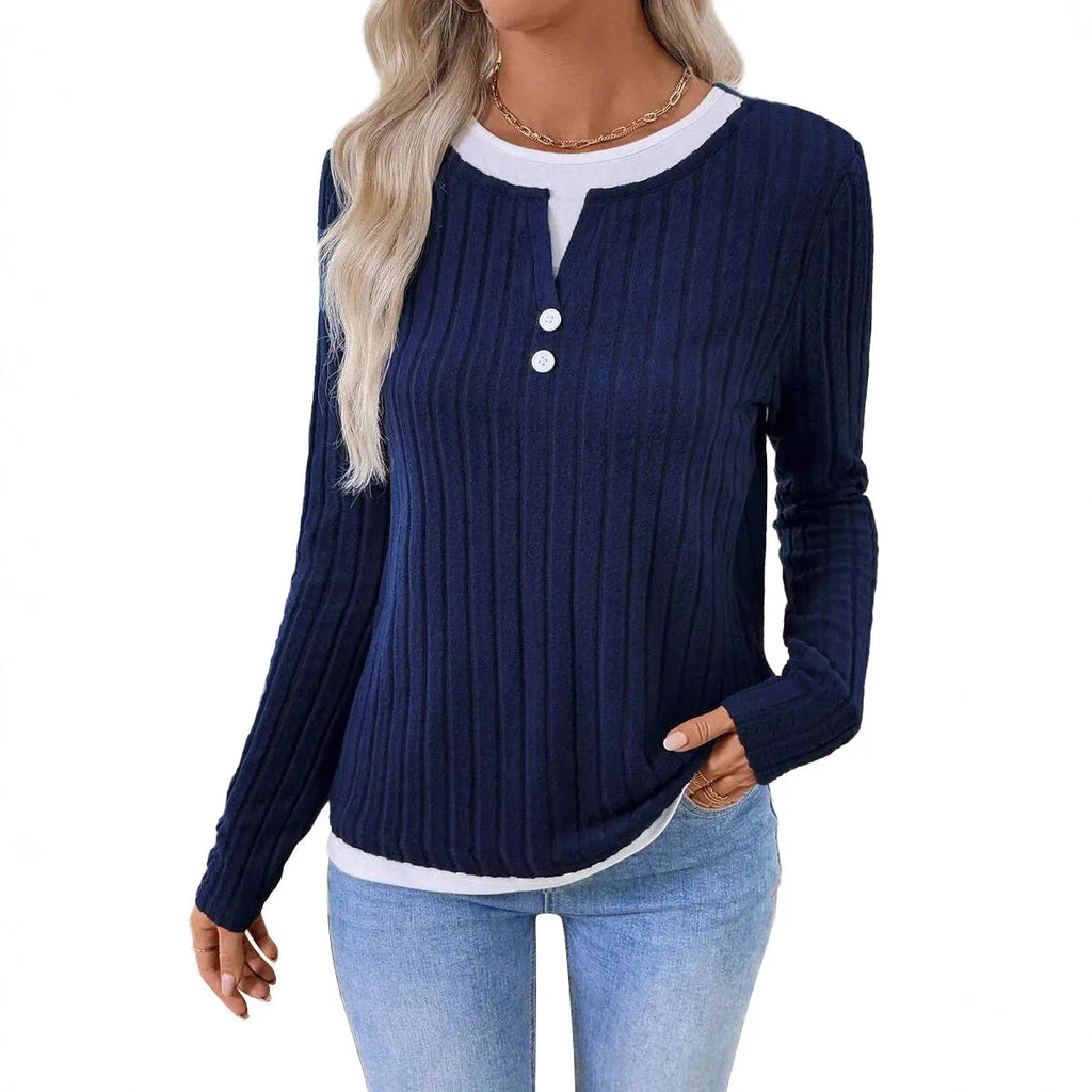 Women's black fake two-piece pullover sweater with a round neck and a button on the shoulder.
