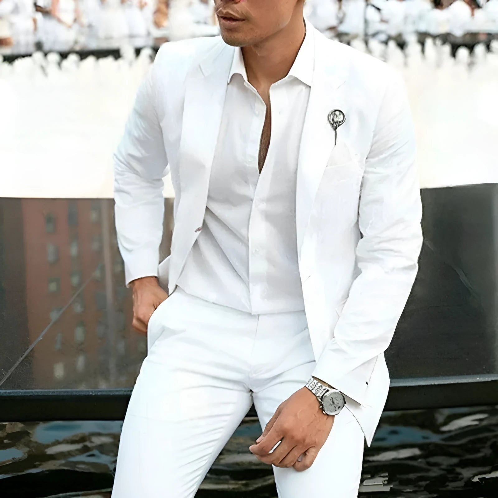 White men's slim fit two-piece suit on a hanger