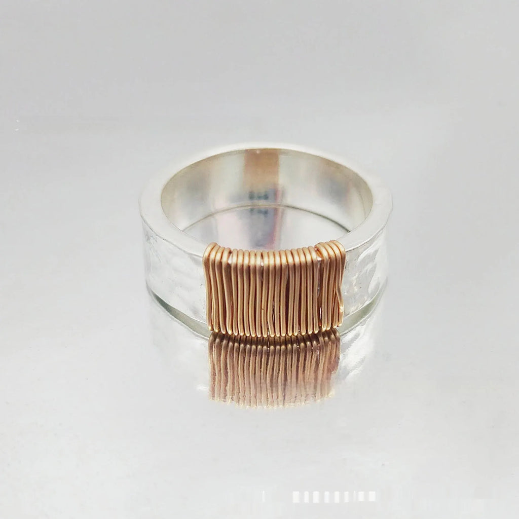 Copper simple bracelet with irregular coil geometric design and silver gold electroplated colour