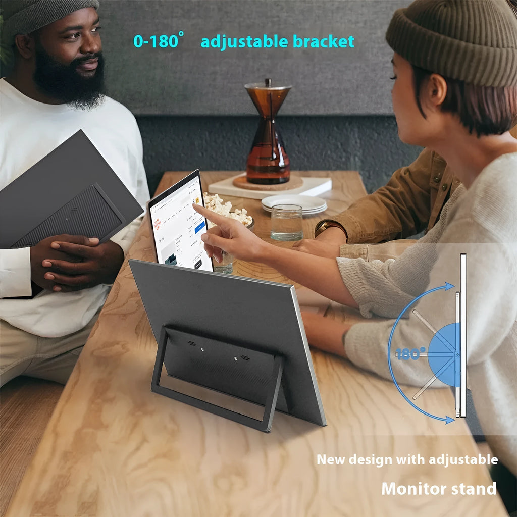 Black 15.6-inch portable external monitor with adjustable stand on a desk.